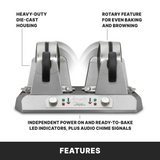 Two silver, heavy duty Commercial Belgian Waffle Makers with black handles sit side by side. Labels highlight die-cast housing, non-stick plates, rotary browning feature, and LED indicators. Control knobs are on the front panel. Text says FEATURES below.