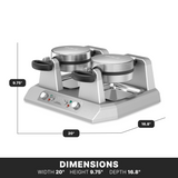 A Commercial Belgian Waffle Maker with non-stick plates features two round waffle irons in a quad side-by-side design. Its silver body, black handles, and control panel with buttons and lights make it easy to use. Dimensions: 20"W x 9.75"H x 16.8"D.