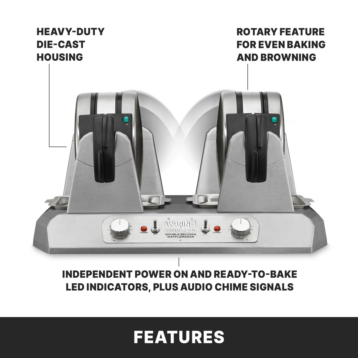 A metallic toaster with two slots, black levers, and control knobs. Labeled features highlight heavy-duty die-cast housing, rotary function for even toasting, non-stick plates, LED power and ready indicators, and audio signals. FEATURES is bold at the bottom.