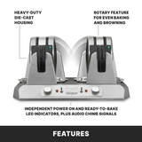 A metallic toaster with two slots, black levers, and control knobs. Labeled features highlight heavy-duty die-cast housing, rotary function for even toasting, non-stick plates, LED power and ready indicators, and audio signals. FEATURES is bold at the bottom.