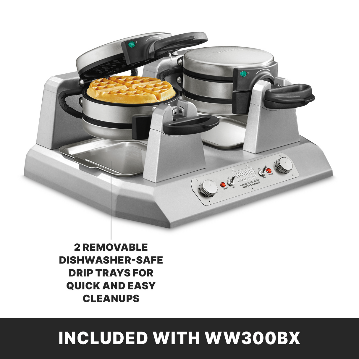 A double waffle maker with non-stick plates cooks two round waffles inside. The silver appliance has black handles and front controls. An arrow points to 2 removable dishwasher-safe drip trays included with model WW300BX.