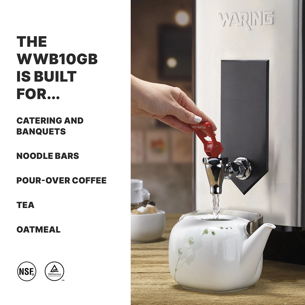 A hand dispenses hot water from a silver Waring 10 gallon countertop electric Hot Water Dispenser into a white teapot with a floral design. Text on the left lists uses: catering, noodle bars, pour-over coffee, tea, and oatmeal. NSF and safety symbols are at the bottom.