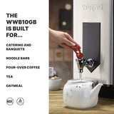 A hand dispenses hot water from a silver Waring 10 gallon countertop electric Hot Water Dispenser into a white teapot with a floral design. Text on the left lists uses: catering, noodle bars, pour-over coffee, tea, and oatmeal. NSF and safety symbols are at the bottom.