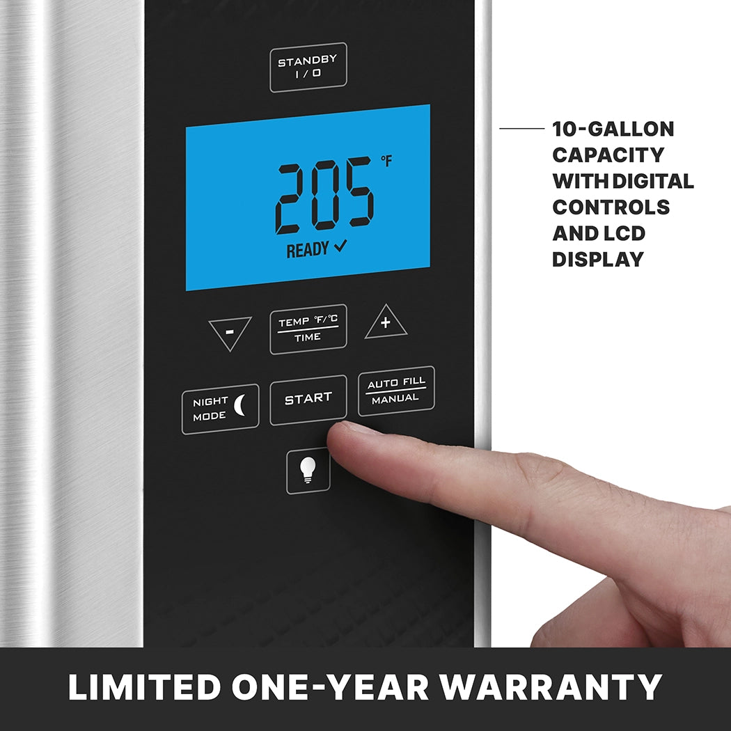 A close-up of a digital control panel on a stainless steel countertop electric Hot Water Dispenser displays “205°F READY.” A finger presses “START.” Text highlights its 10-gallon capacity, digital controls, LCD display, and a limited one-year warranty.