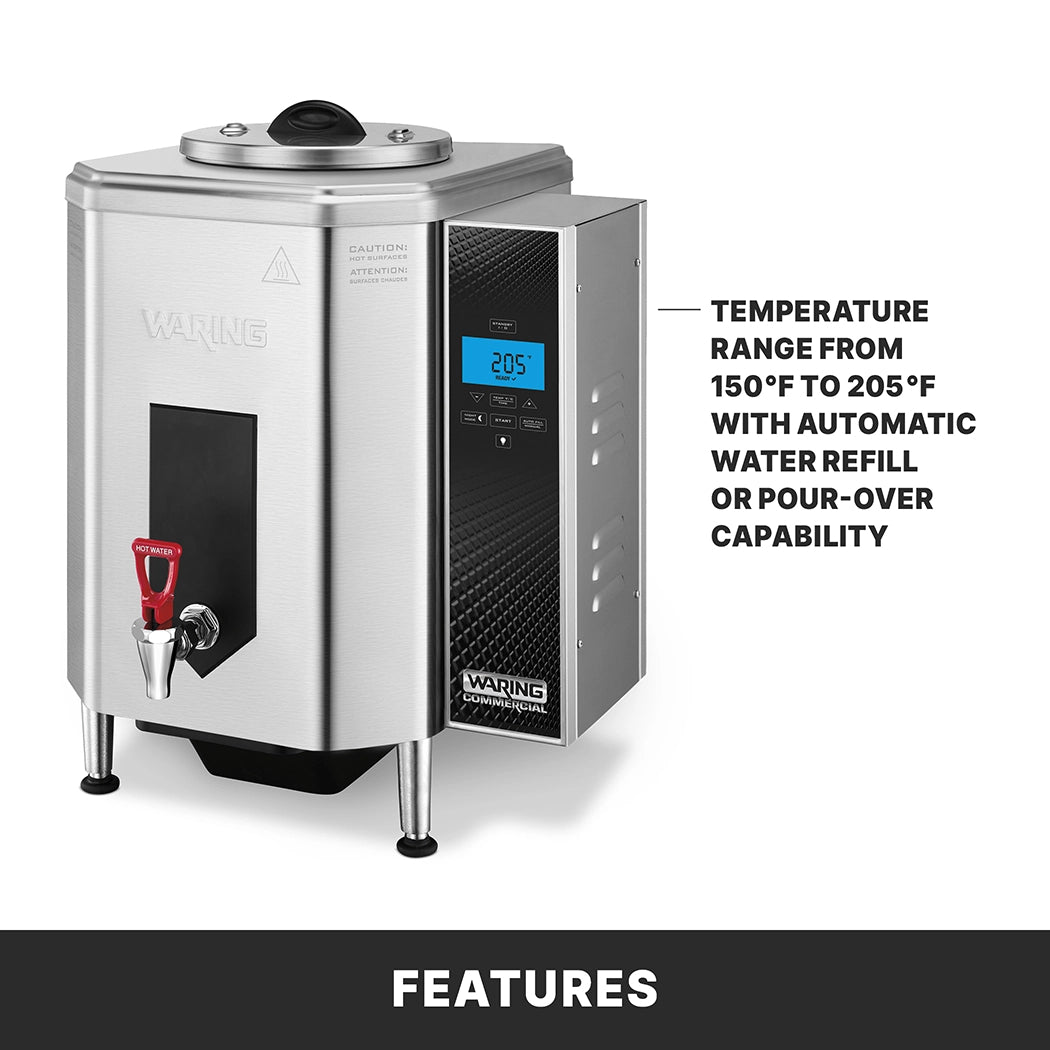 A countertop electric Hot Water Dispenser with a digital display shows 205°F, black lid, red spout handle, and buttons. Text beside it: "Temperature range from 150°F to 205°F; automatic water refill or pour-over capability." “FEATURES” below.