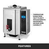 A countertop electric Hot Water Dispenser with a digital display shows 205°F, black lid, red spout handle, and buttons. Text beside it: "Temperature range from 150°F to 205°F; automatic water refill or pour-over capability." “FEATURES” below.