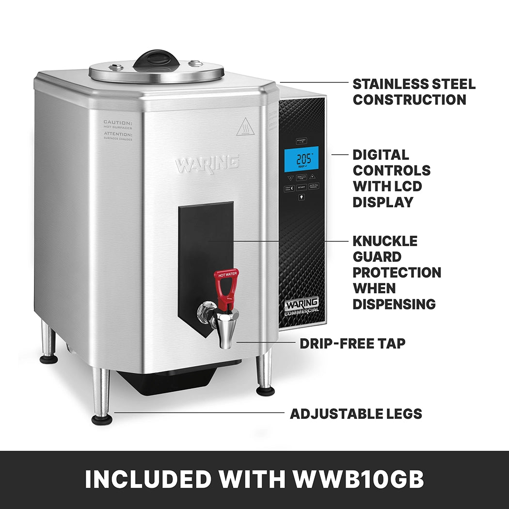 A countertop electric Hot Water Dispenser with a 10 gallon capacity features an LCD digital control panel, adjustable legs, drip-free tap, knuckle guard, and durable stainless steel construction. Text reads “INCLUDED WITH WWB10GB” at the bottom.