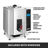 A countertop electric Hot Water Dispenser with a 10 gallon capacity features an LCD digital control panel, adjustable legs, drip-free tap, knuckle guard, and durable stainless steel construction. Text reads “INCLUDED WITH WWB10GB” at the bottom.