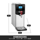 A 3-gallon stainless steel Hot Water Dispenser with a digital display reading 205°F, red safety lever, drip tray, and sleek black panel. Countertop design. Dimensions: 7.6" wide, 19" high, and 23.5" deep with bold DIMENSIONS at the bottom.