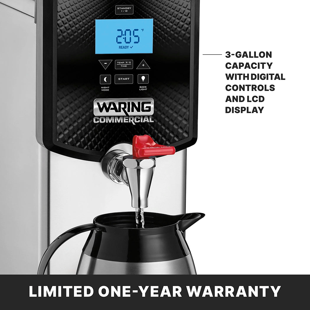 A stainless steel Hot Water Dispenser sits on a countertop, featuring a digital LCD display reading 2:05. The red spigot fills a metal carafe, while text highlights its 3-gallon capacity, digital controls, and LCD display. Banner: LIMITED ONE-YEAR WARRANTY.