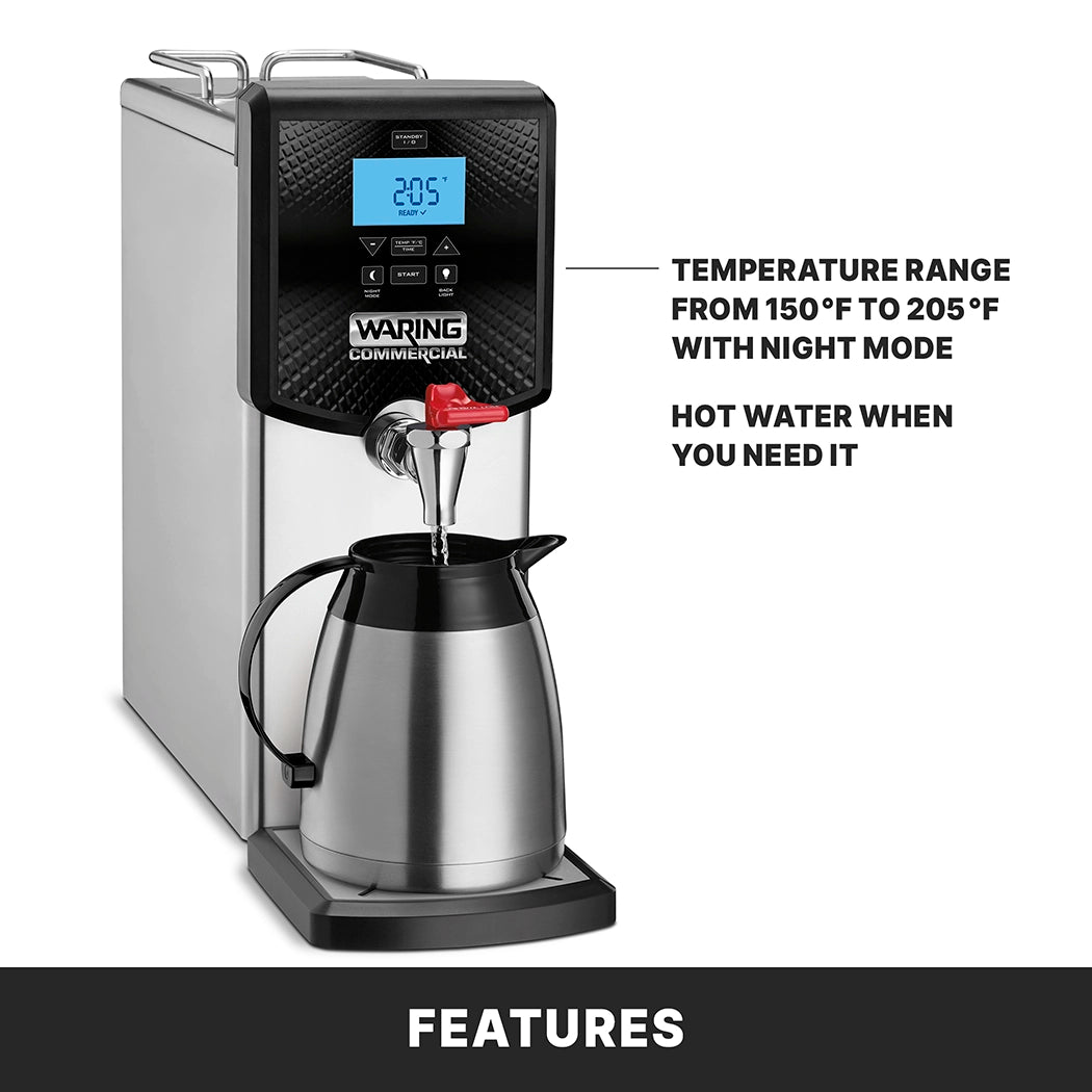 A countertop 3 gallon Hot Water Dispenser with a stainless steel finish, digital display (205°F), red dispensing lever, and metal carafe below. Its temperature range (150°F–205°F) and night mode offer hot water on demand. “FEATURES” is at the bottom.