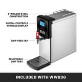 A 3 gallon stainless steel Hot Water Dispenser with digital controls and LCD display. Features include countertop design, drip-free tap with red handle, removable drip tray. Text at bottom reads “INCLUDED WITH WWB3G.”.