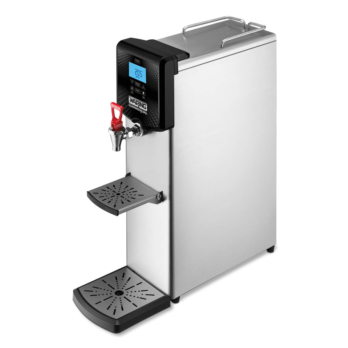 A 5 gallon stainless steel Hot Water Dispenser with a digital temperature display, red-handled faucet, two black drip trays, and a carrying handle. This rectangular countertop unit stands on four small legs.