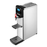 A 5 gallon stainless steel Hot Water Dispenser with a digital temperature display, red-handled faucet, two black drip trays, and a carrying handle. This rectangular countertop unit stands on four small legs.