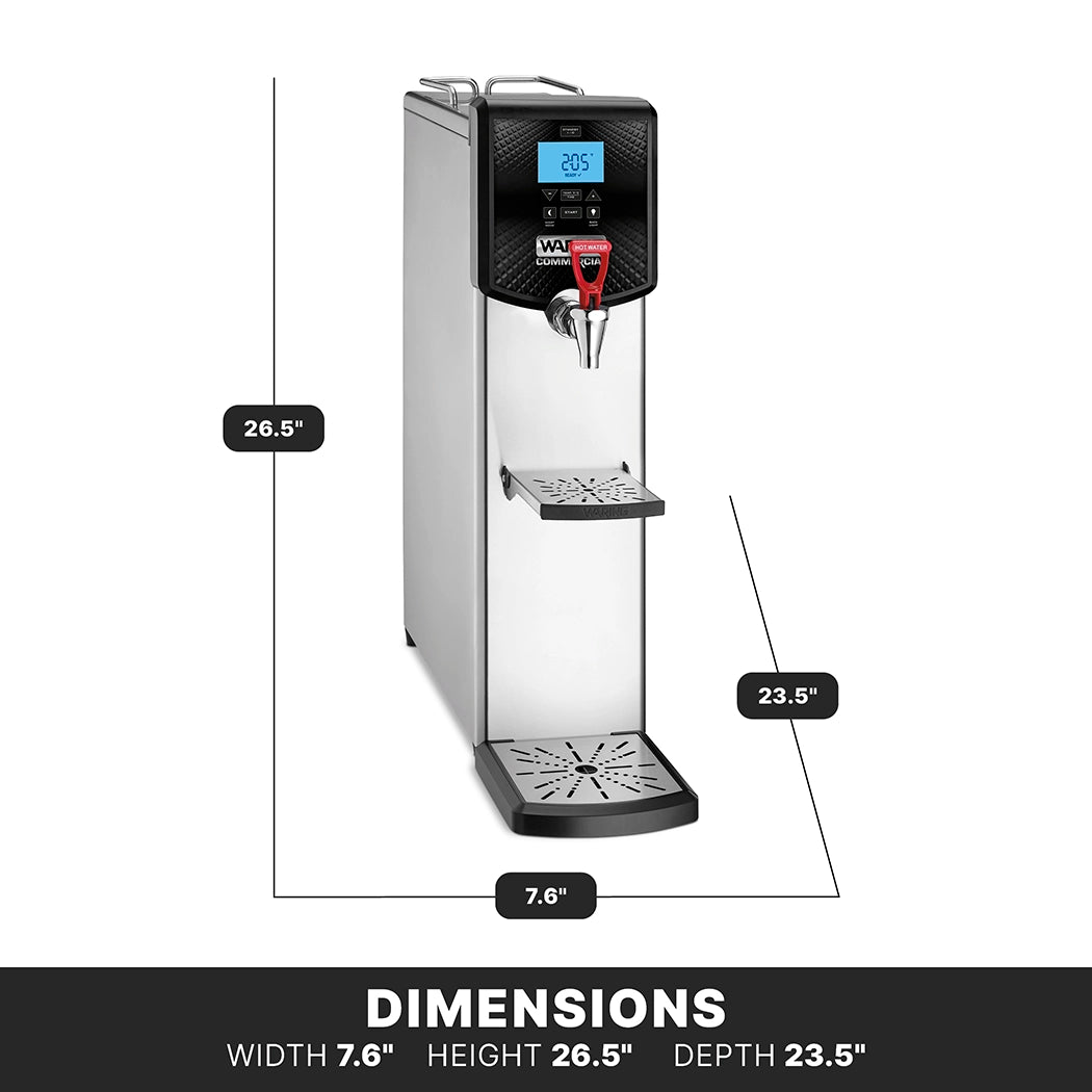 A 5 gallon stainless steel Hot Water Dispenser with digital display, red spout, drip tray, and labeled dimensions: width 7.6", height 26.5", depth 23.5". The countertop unit is pictured angled to the right.