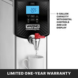A countertop Hot Water Dispenser with digital controls and blue LCD shows 205°F. A red lever fills a white mug. Features include a 5 gallon capacity and limited one-year warranty. The Waring brand is clearly visible.