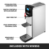 A countertop Hot Water Dispenser with digital LCD controls, a drip-free tap, fold-down shelf for small cups, and removable drip tray. The 5 gallon capacity is highlighted in the side-angled image with labeled features.