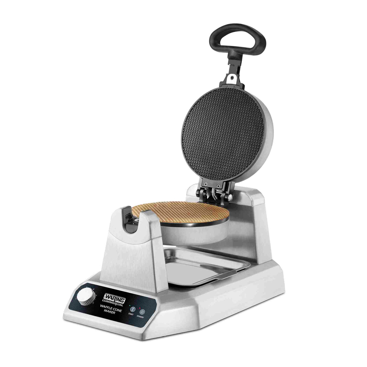 A heavy-duty silver waffle maker with a black handle is open, revealing textured non-stick plates. The lower plate holds a golden waffle, while the front panel features a control knob and indicator lights. The background is plain white.