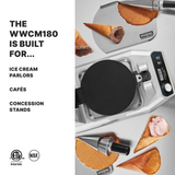A heavy duty Waffle Cone Maker with non-stick plates and a steel handle is shown from above, surrounded by filled and empty ice cream cones, a scoop, and sprinkles. On the left, bold text reads: “The WWCM180 is built for... Ice cream parlors, cafés, concession stands.”.