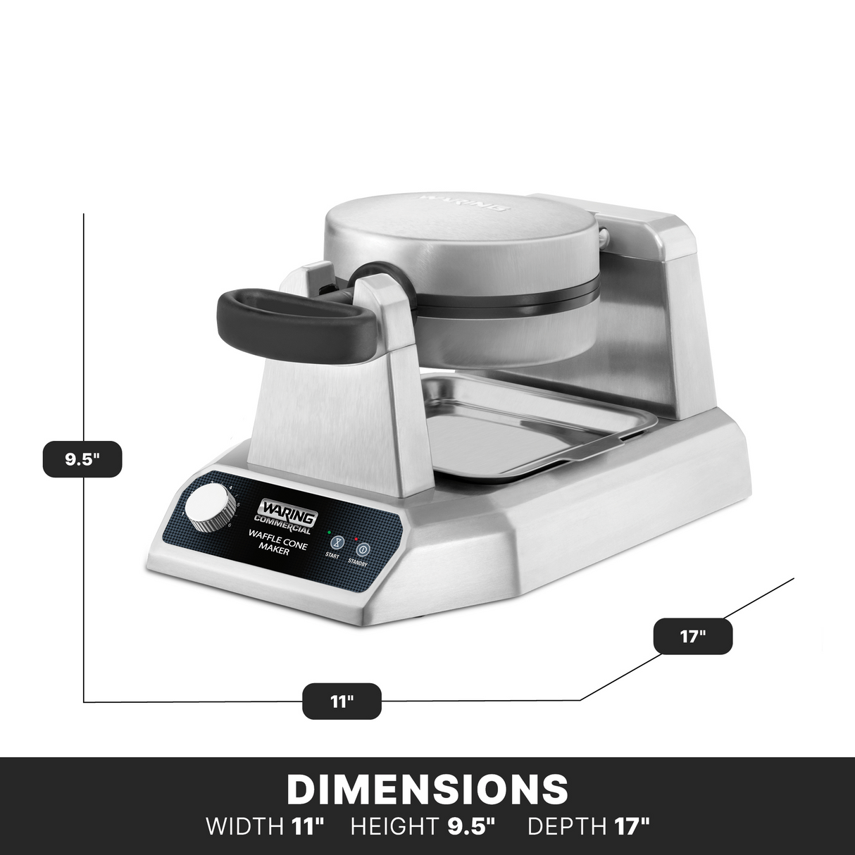 A heavy duty stainless steel waffle maker with non-stick plates, a round rotating top, black handle, digital display, and control panel. Dimensions: 11" wide, 9.5" high, and 17" deep, all shown on a white background.