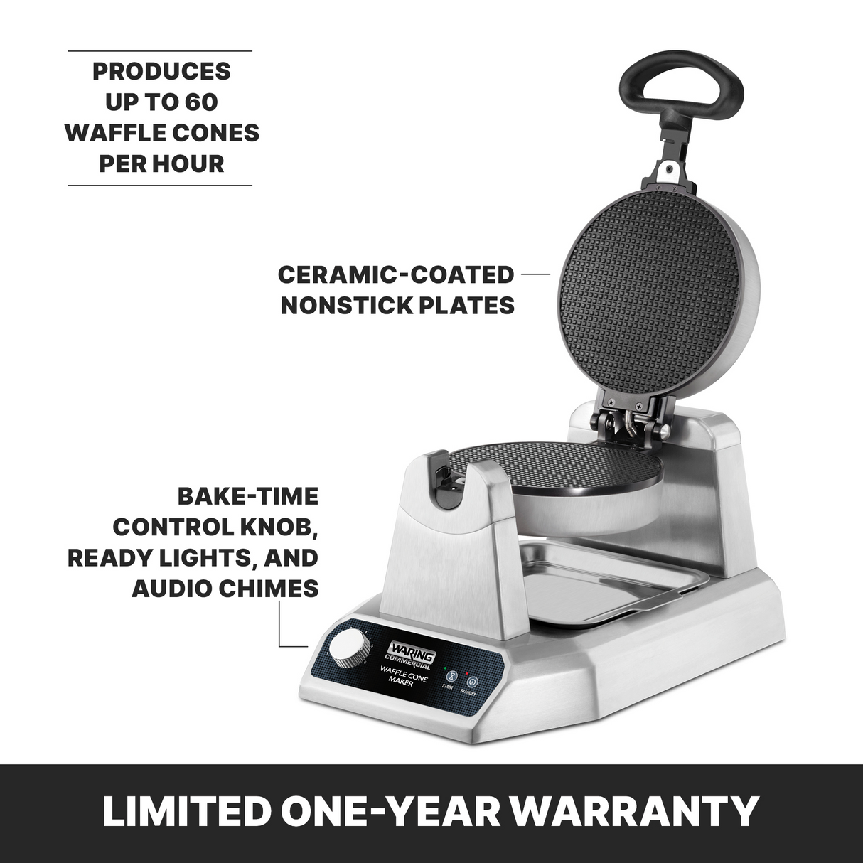 A heavy duty stainless steel waffle cone maker with a black handle and open lid, showing non-stick plates. Features include bake-time control knob, ready lights, and audio chimes. Makes up to 60 cones per hour and comes with a limited one-year warranty.