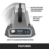 Silver Waring waffle cone maker with non-stick plates, rotary feature, a labeled electronic keypad, and heavy-duty die-cast housing. Arrows highlight even baking, easy cleaning, and exceptional durability.