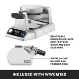 A heavy duty stainless steel waffle cone maker with non-stick plates and a black handle is shown. Callouts highlight a removable, dishwasher-safe drip tray and a cone-rolling and forming tool. Text below reads: INCLUDED WITH WWCM180.