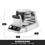 A stainless steel Waring double Belgian waffle maker with non-stick plates sits on a white background. Its dimensions are labeled: width 11 inches, height 9.5 inches, and depth 17 inches. The waffle maker features indicator lights and a control panel.