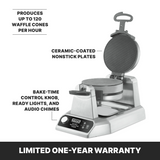 This double Waffle Cone Maker features ceramic-coated non-stick plates, a raised lid, and control panel. Bake up to 120 cones per hour with bake-time control knob, ready lights, audio chimes, and a one-year warranty.