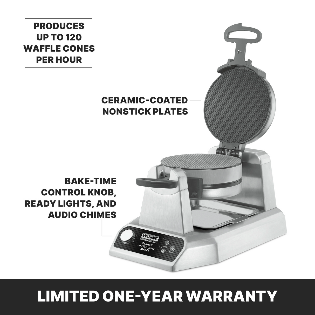 A stainless steel Double Waffle Cone Maker with an open lid reveals round, textured, non-stick plates. Labels highlight: makes 120 cones/hour, bake-time control knob, ready lights, audio chimes, and a limited one-year warranty.