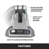 A silver Waring double waffle maker is shown with labels pointing to its features: a rotary function for even baking, heavy-duty die-cast housing, non-stick plates, and an easy-to-clean electronic keypad. “FEATURES” is written at the bottom.