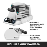 A stainless steel waffle maker with non-stick plates, digital display, and control panel. Text highlights a removable, dishwasher-safe drip tray and a separate waffle-cone rolling and forming tool. A black bar below reads, “INCLUDED WITH WWCM200.”.