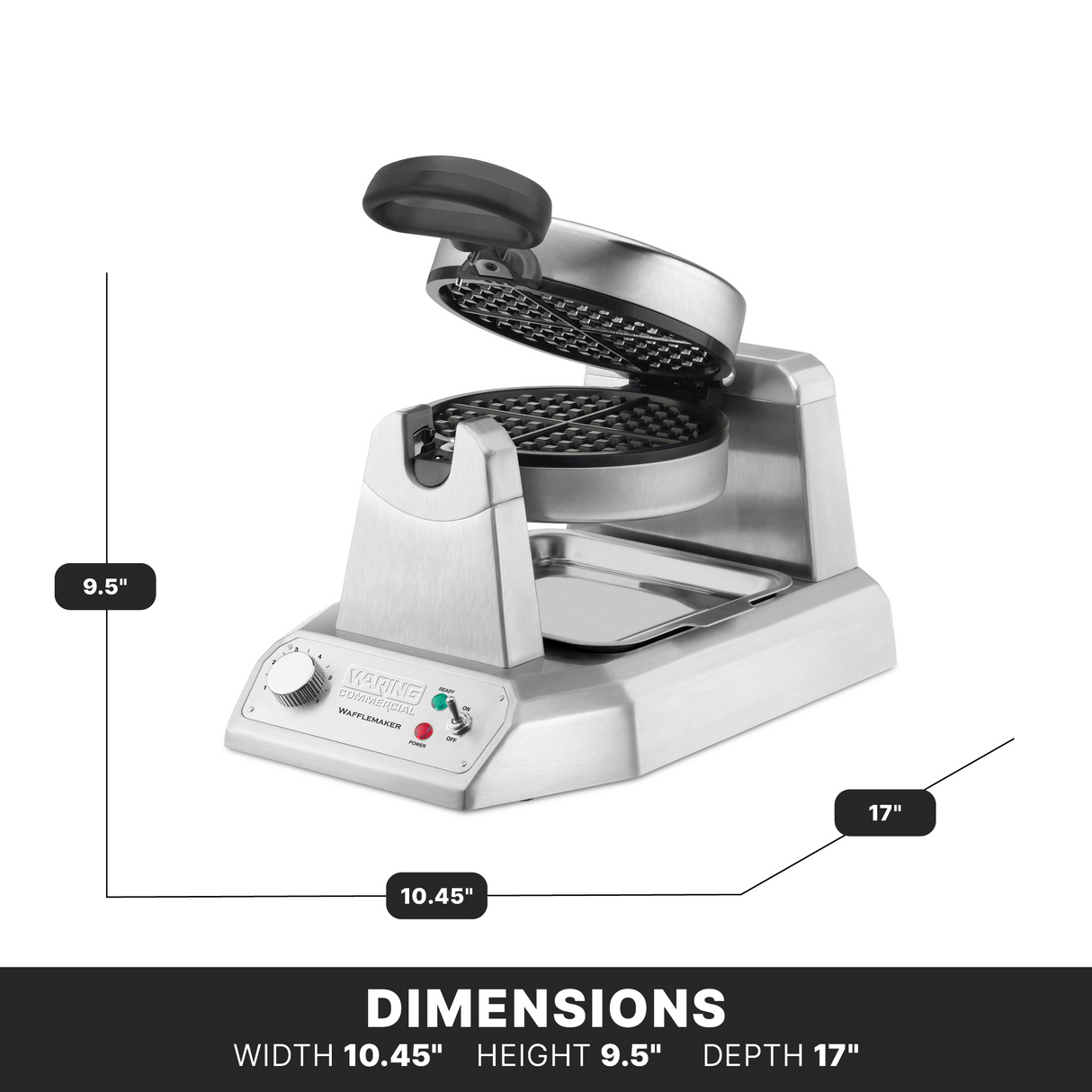 A stainless steel Classic Waffle Maker stands open, revealing a round non-stick waffle grid. The base has control knobs and indicator lights. Dimensions: width 10.45, height 9.5, depth 17. Background is white with a black section at the bottom.