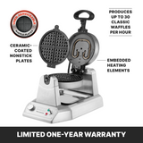 A Classic Waffle Maker with ceramic-coated non-stick plates sits open, revealing embedded heating elements and a visible control dial. This heavy-duty waffle maker produces 30 waffles per hour and features user-serviceable plates plus a one-year warranty.