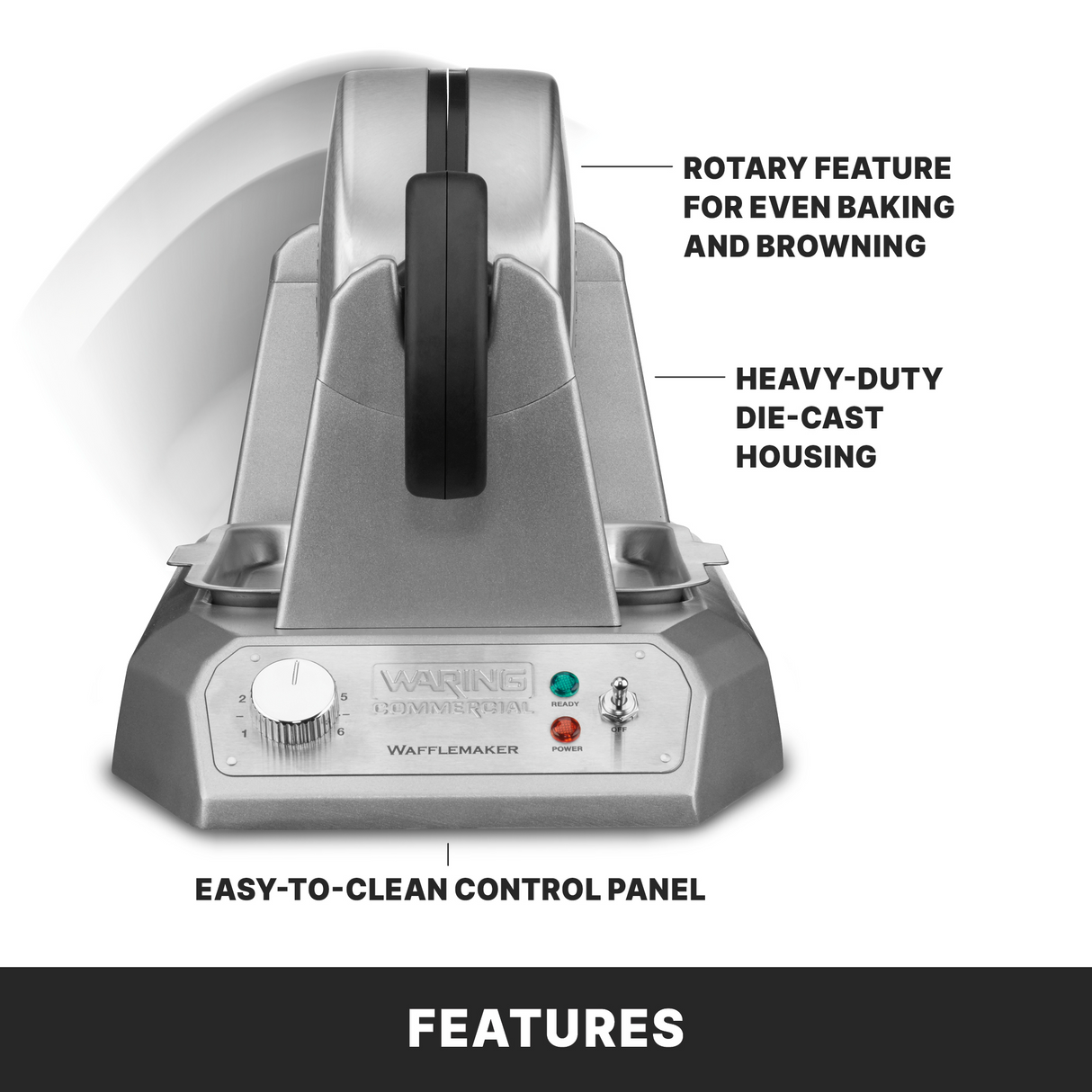 Front view of a silver Classic Waffle Maker with a vertical design. Labels highlight its rotary feature for even baking, heavy-duty die-cast housing, non-stick plates, and an easy-to-clean control panel with buttons and indicator lights. “FEATURES” is written at the bottom.
