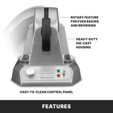 Front view of a silver Classic Waffle Maker with a vertical design. Labels highlight its rotary feature for even baking, heavy-duty die-cast housing, non-stick plates, and an easy-to-clean control panel with buttons and indicator lights. “FEATURES” is written at the bottom.