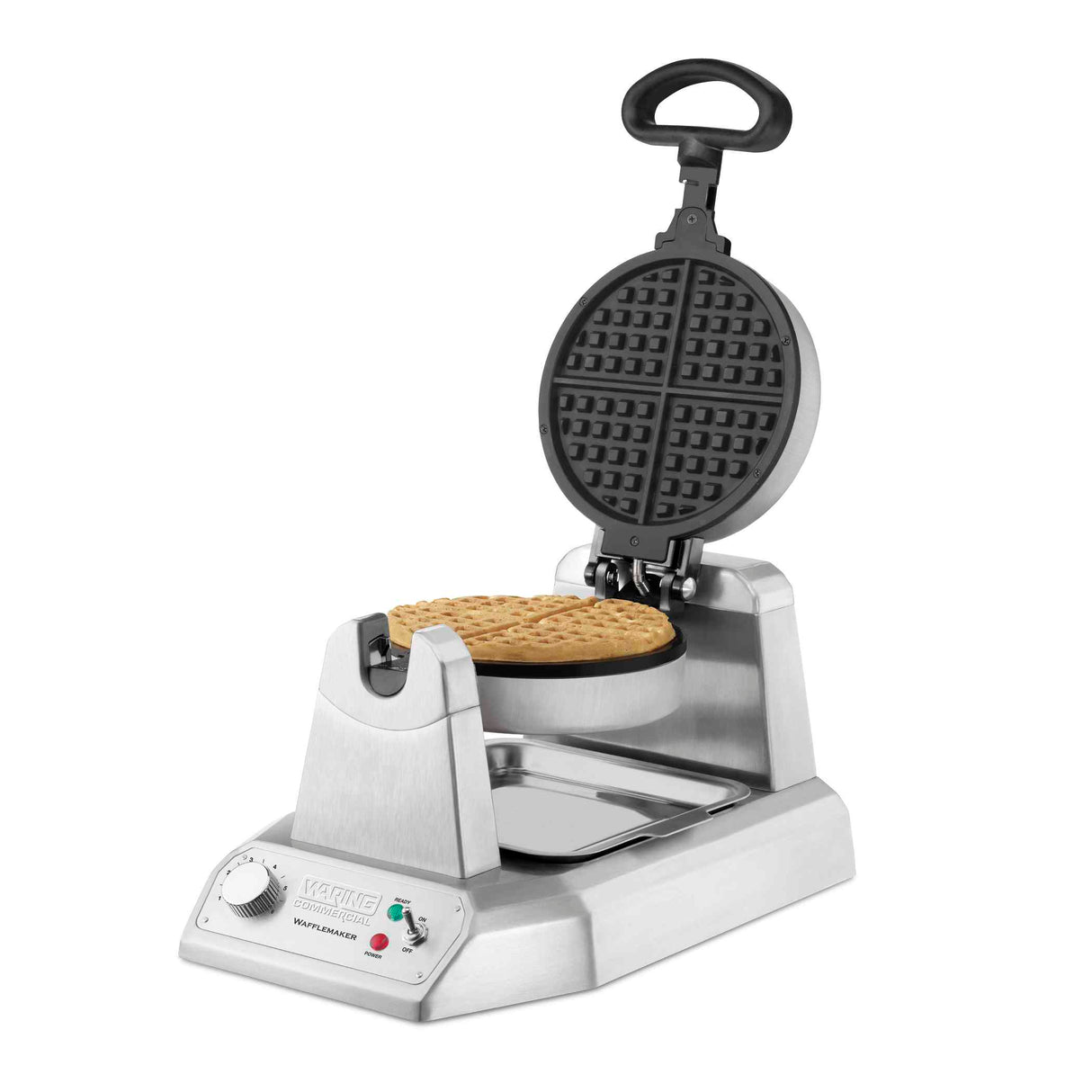 A Classic Waffle Maker with shiny stainless steel and non-stick plates features a round waffle inside. The open lid reveals the grid plates, knob, two indicator lights, drip tray, and a curved black handle for easy use.