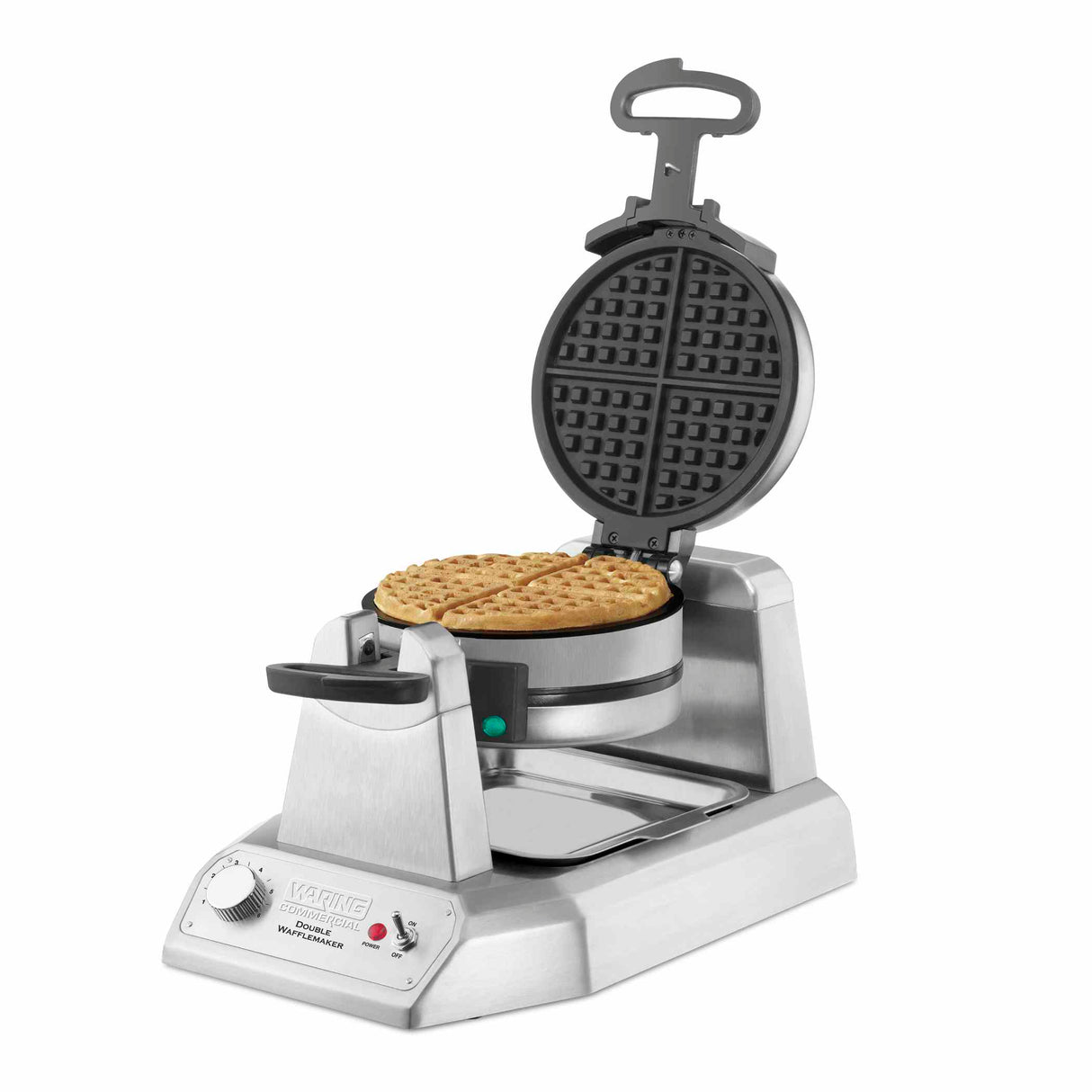 A classic waffle maker with a round, golden-brown waffle inside. The lid is open and upright, showcasing its control knob, indicator light, and handle—all set on a sleek metal base. Inspired by the Waring WWD200 double waffle maker design.