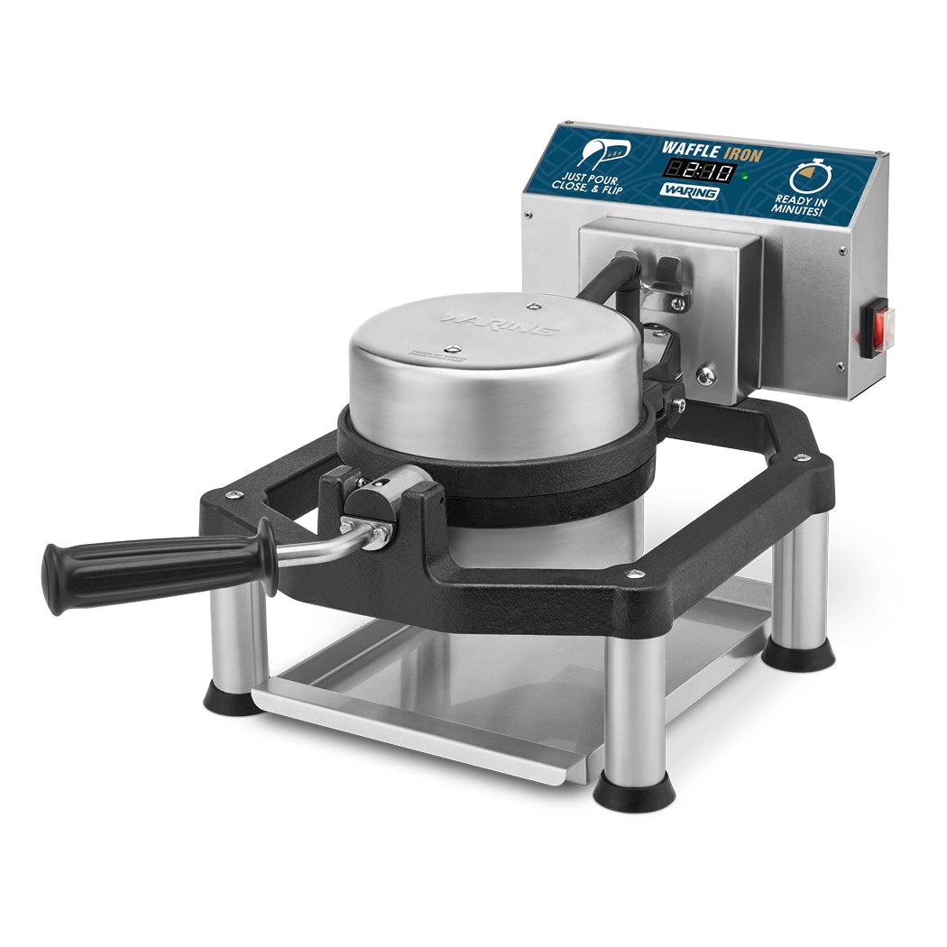 A heavy-duty stainless steel Belgian Waffle Maker with cast-iron plates, black handle, and sturdy metal frame. The digital control panel features buttons and instructions on a blue background. The appliance sits securely on four metal legs.