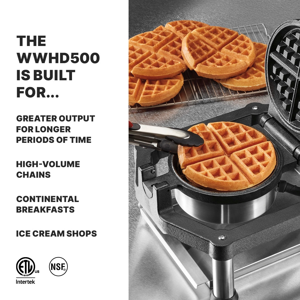 A heavy-duty Belgian Waffle Maker with cast-iron plates is shown, a round waffle being lifted by tongs; another cools on a rack behind. Text highlights its use for high-volume chains, continental breakfasts, and ice cream shops. Certification logos below.