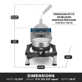 This heavy-duty Belgian Waffle Maker features cast-iron plates, a sturdy handle, and can produce up to 30 waffles per hour. With dimensions of 12.375"W x 25.5"D x 11.5"H (closed), it's perfect for commercial kitchens.