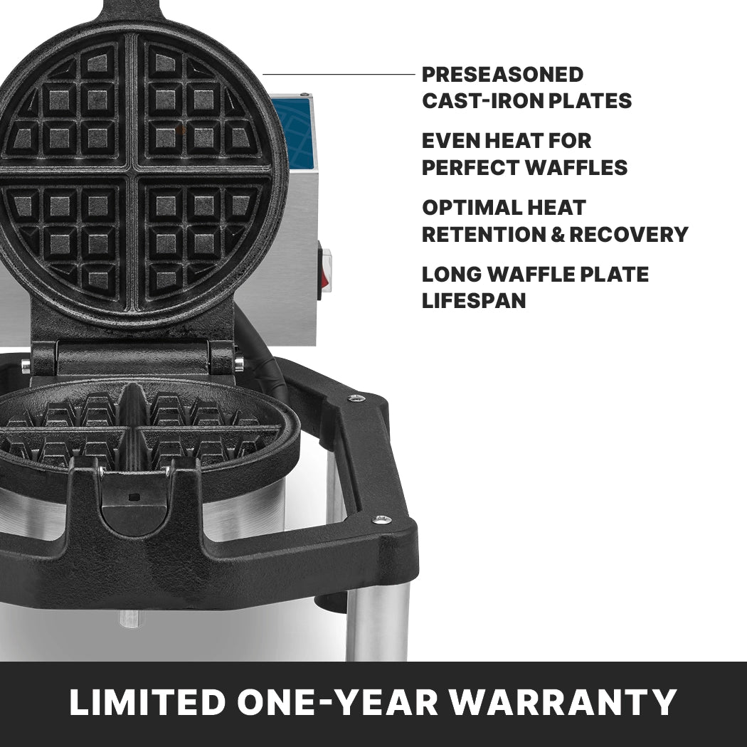 A close-up of an open Belgian Waffle Maker with heavy-duty, pre-seasoned cast-iron plates. Text highlights features: “Preseasoned cast-iron plates, even heat for perfect waffles, optimal retention & recovery, long plate lifespan.” Limited one-year warranty.