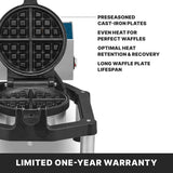 A close-up of an open Belgian Waffle Maker with heavy-duty, pre-seasoned cast-iron plates. Text highlights features: “Preseasoned cast-iron plates, even heat for perfect waffles, optimal retention & recovery, long plate lifespan.” Limited one-year warranty.