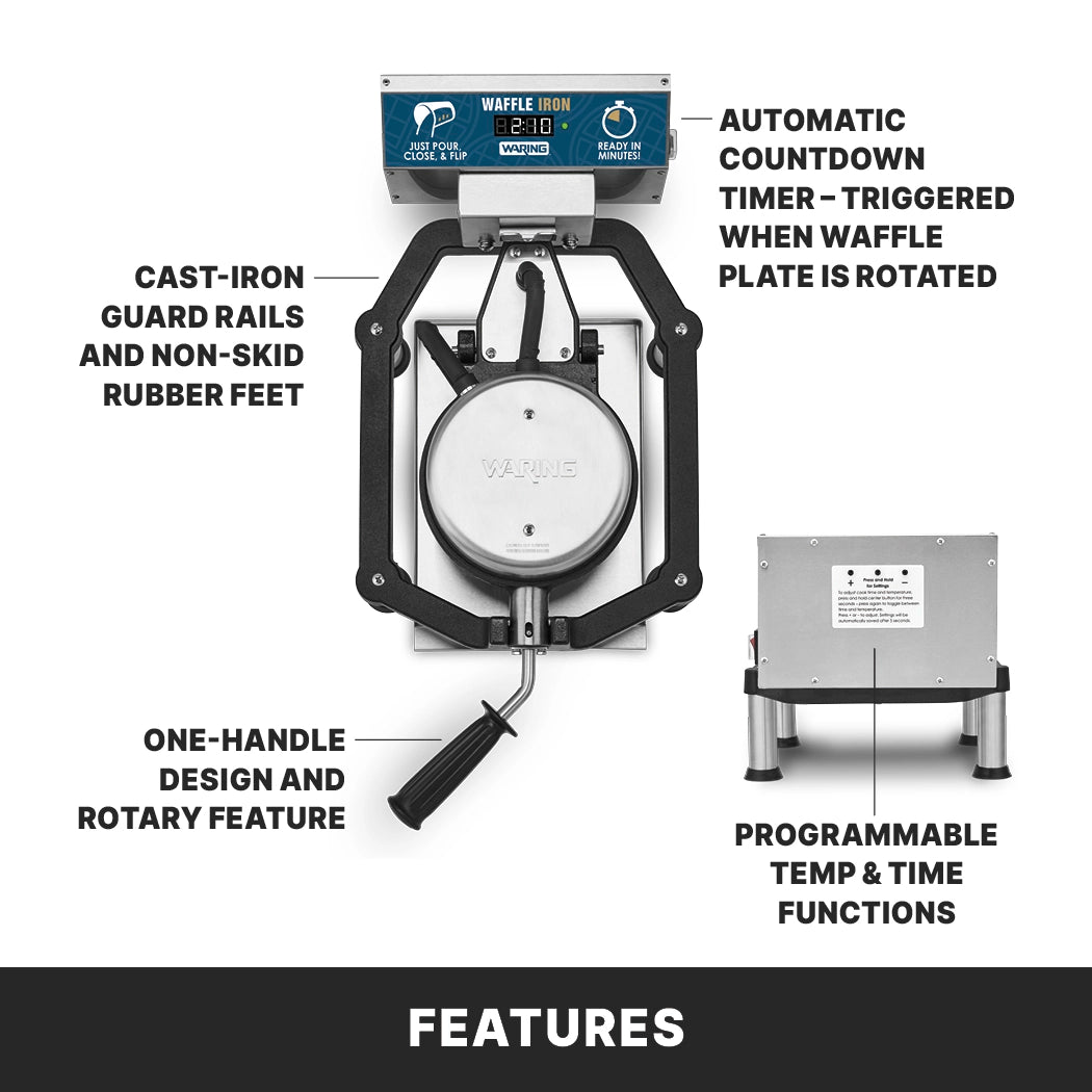 Overhead view of a heavy-duty Belgian Waffle Maker with handle, labeled features include: automatic countdown timer, cast-iron guard rails, non-skid rubber feet, one-handle rotary design, and programmable temperature/time functions. FEATURES at bottom.