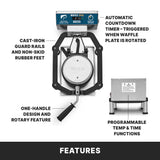 Overhead view of a heavy-duty Belgian Waffle Maker with handle, labeled features include: automatic countdown timer, cast-iron guard rails, non-skid rubber feet, one-handle rotary design, and programmable temperature/time functions. FEATURES at bottom.