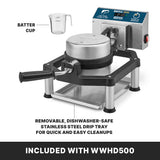 A commercial Belgian Waffle Maker with a stainless steel finish, black handle, and control panel. Cast-iron plates ensure durability. A labeled batter cup and removable, dishwasher-safe drip tray are shown. Text: “INCLUDED WITH WWHD500.”.