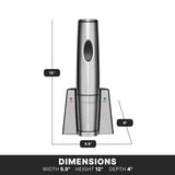 A stainless steel rechargeable wine opener stands upright on its base. Dimensions are labeled: 12” tall, 5.5” wide, and 4” deep. The device features power and charge indicator lights, with the brand name WAINE on its front.