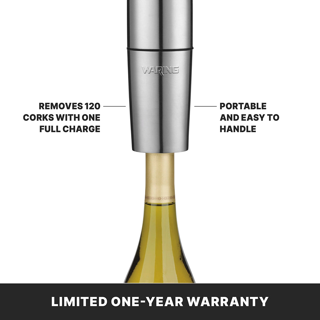 A Waring rechargeable wine opener uncorks a bottle with ease. Text notes: “Removes 120 corks with one full charge” on the left, “Portable and easy to handle” on the right. Bottom text says: “Limited one-year warranty.”.