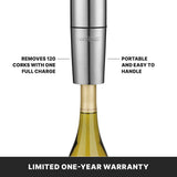 A Waring rechargeable wine opener uncorks a bottle with ease. Text notes: “Removes 120 corks with one full charge” on the left, “Portable and easy to handle” on the right. Bottom text says: “Limited one-year warranty.”.