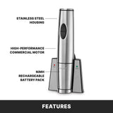 A stainless steel electric wine opener stands upright in a charging base. Labeled features include Stainless Steel Housing, High-Performance Commercial Motor, and NiMH Rechargeable Battery Pack. Two small lights on the base are labeled Power and Charge.
